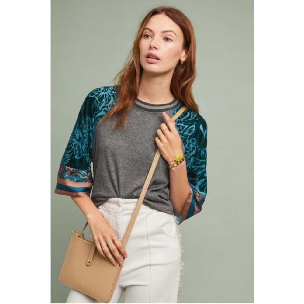 Cassidy Anthropologie TINY Velvet Burnout Gray and Teal Long Sleeve Women's Top